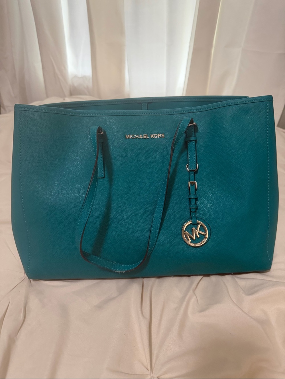 Michael Kors Teal Saffiano Tote with MK Charm